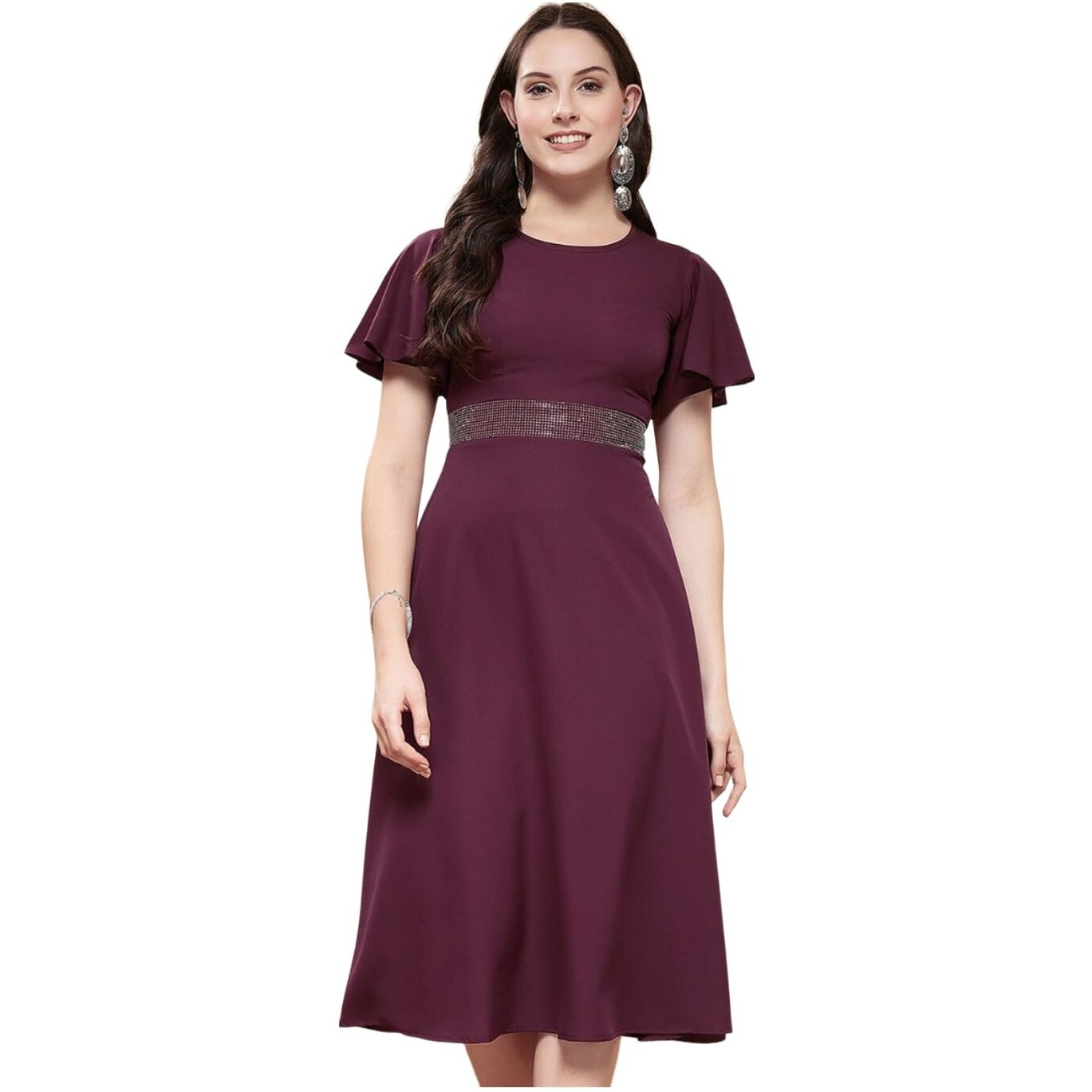 Selvia Women's Western Dress | Stone Work Flutter Sleeve Crepe Western Dress For Women | Round Neck A-Line Dress For Women | One Piece Dress For Women (665Dtk684N-S_Wine)