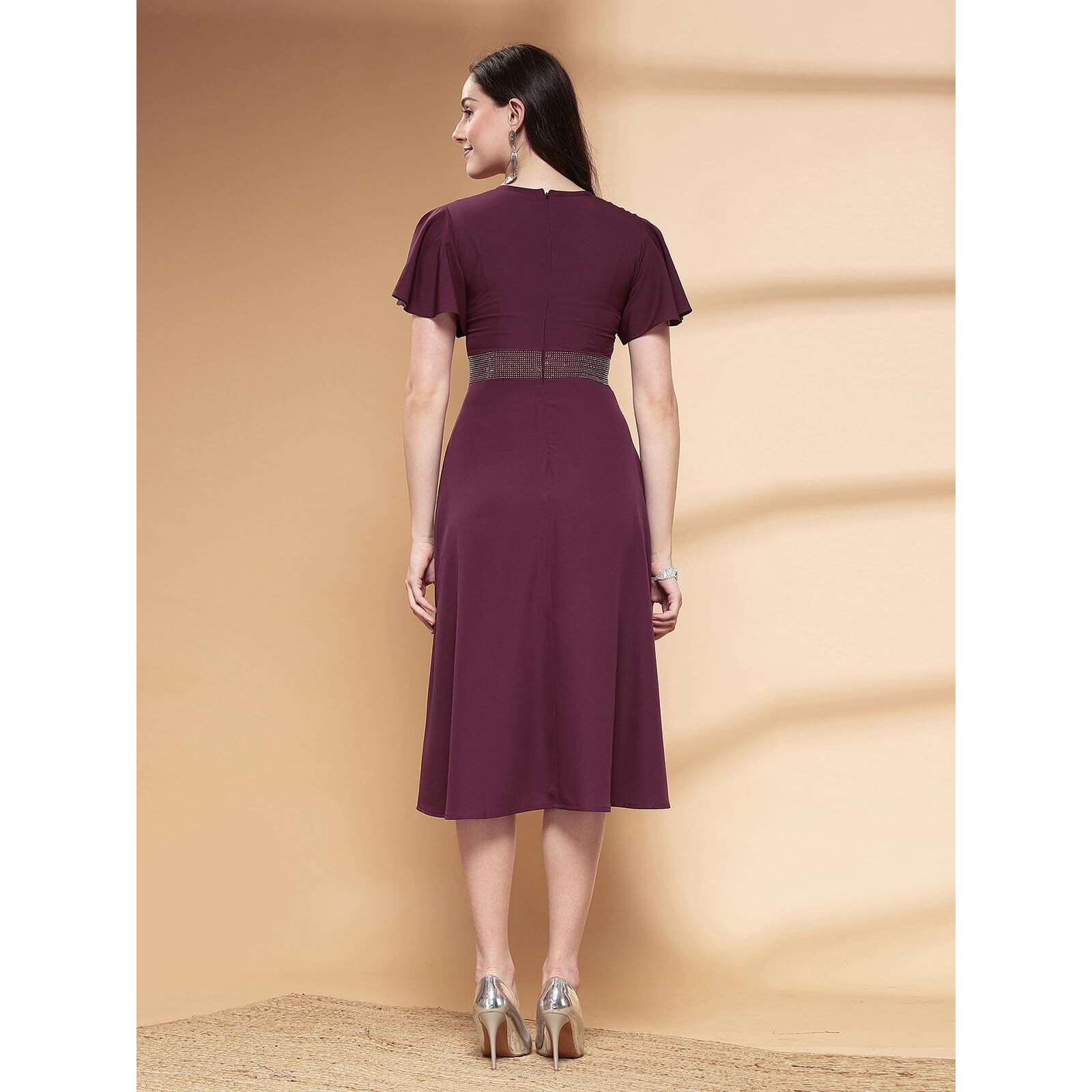 Selvia Women's Western Dress | Stone Work Flutter Sleeve Crepe Western Dress For Women | Round Neck A-Line Dress For Women | One Piece Dress For Women (665Dtk684N-S_Wine)