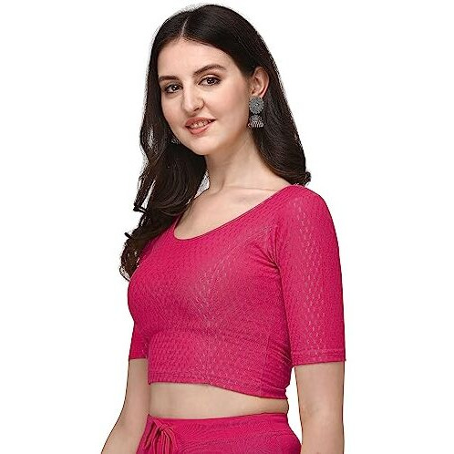 Shiv Textiles Round Neck Dobby Cotton Lycra Stretchable Elbow Sleeve Readymade Saree Blouse For Women Stylish (Pinkfree Size)