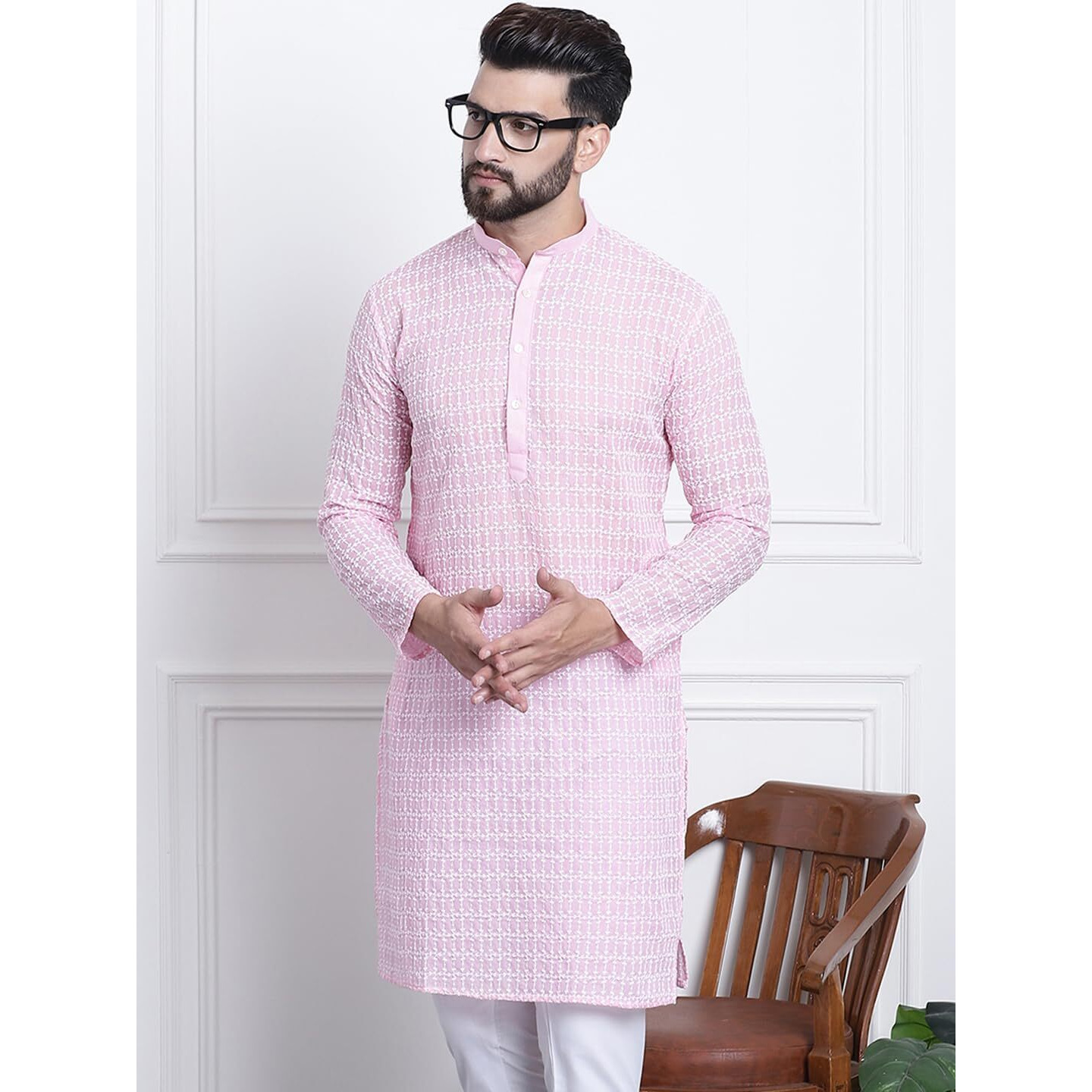 Sojanya (Since 1958 Men's Pure Cotton Pink With White Embroidery Only Long Kurta