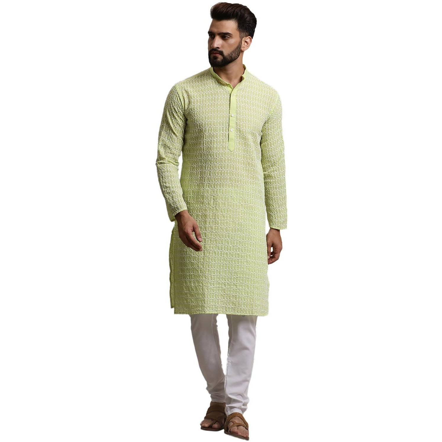 Sojanya (Since 1958 Men's Pure Cotton Green Kurta With White Embroidery And White Pyjama Set