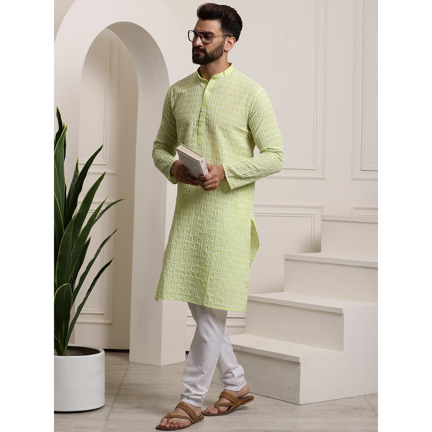 Sojanya (Since 1958 Men's Pure Cotton Green Kurta With White Embroidery And White Pyjama Set