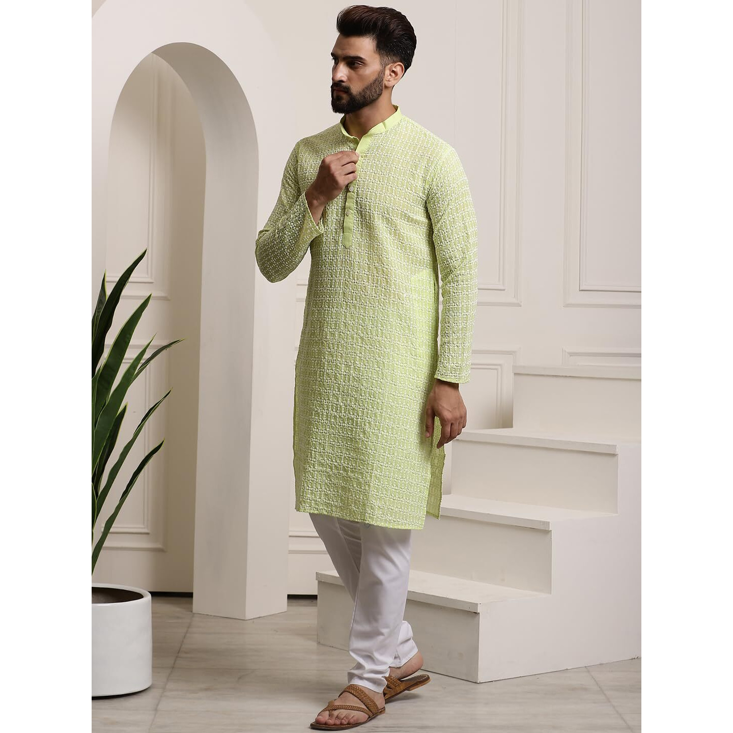 Sojanya (Since 1958 Men's Pure Cotton Green Kurta With White Embroidery And White Pyjama Set
