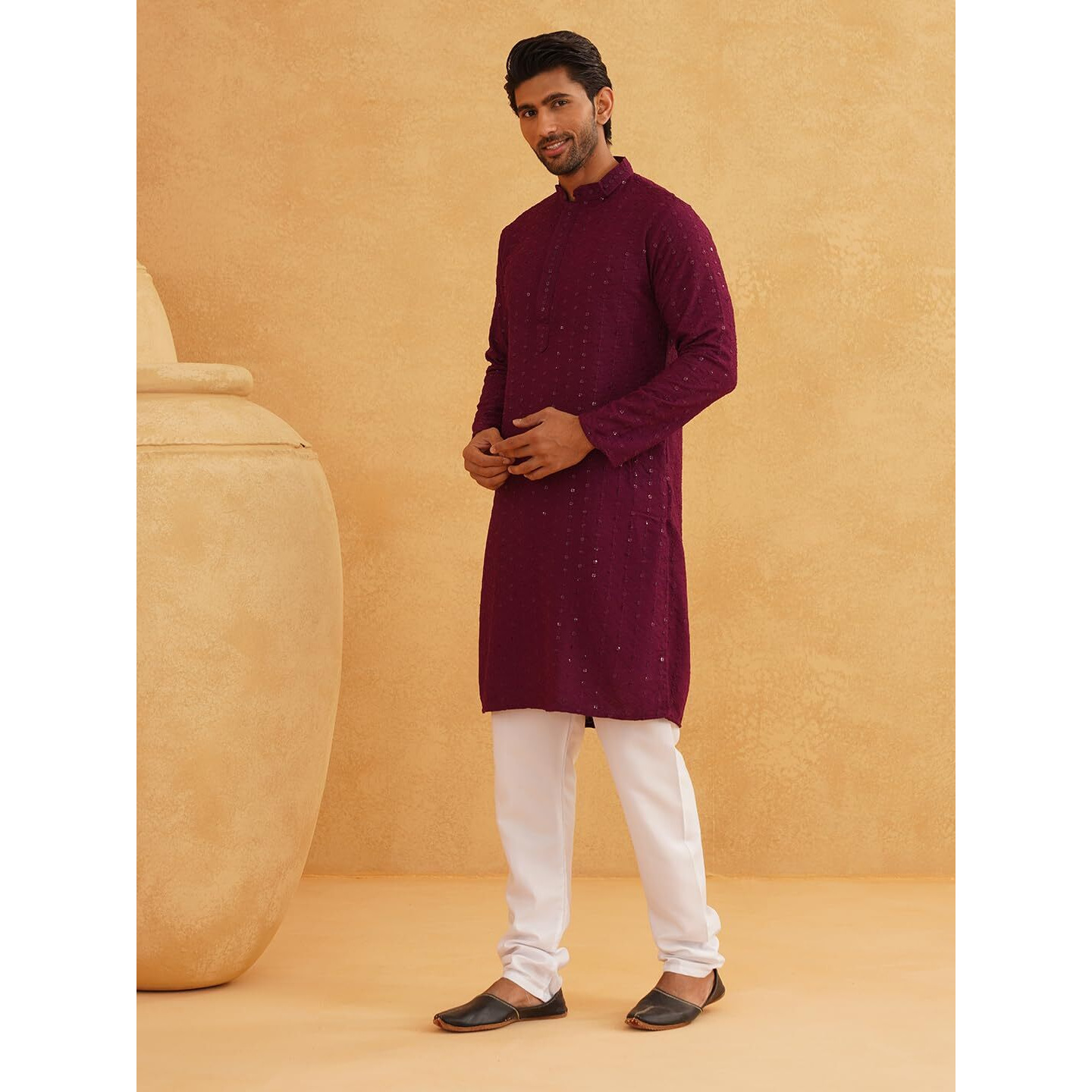Sojanya (Since 1958 Men's Ethnic Motifs Embroidered Sequinned Purple Cotton Long Kurta