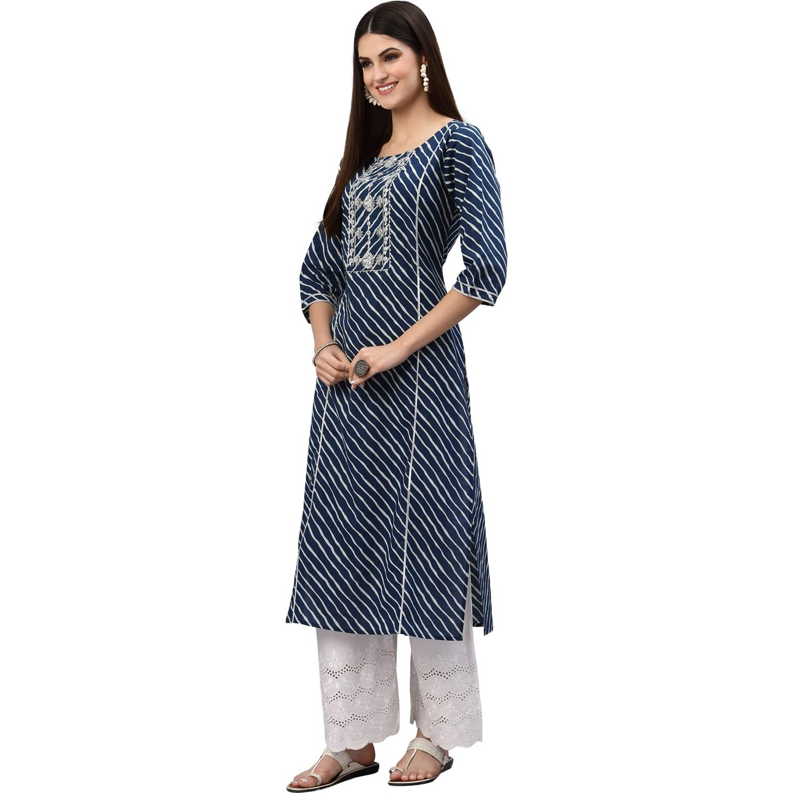 Stylum Women's Lehariya Printed Cotton Straight Kurta (Tulublue36_Blue, S)