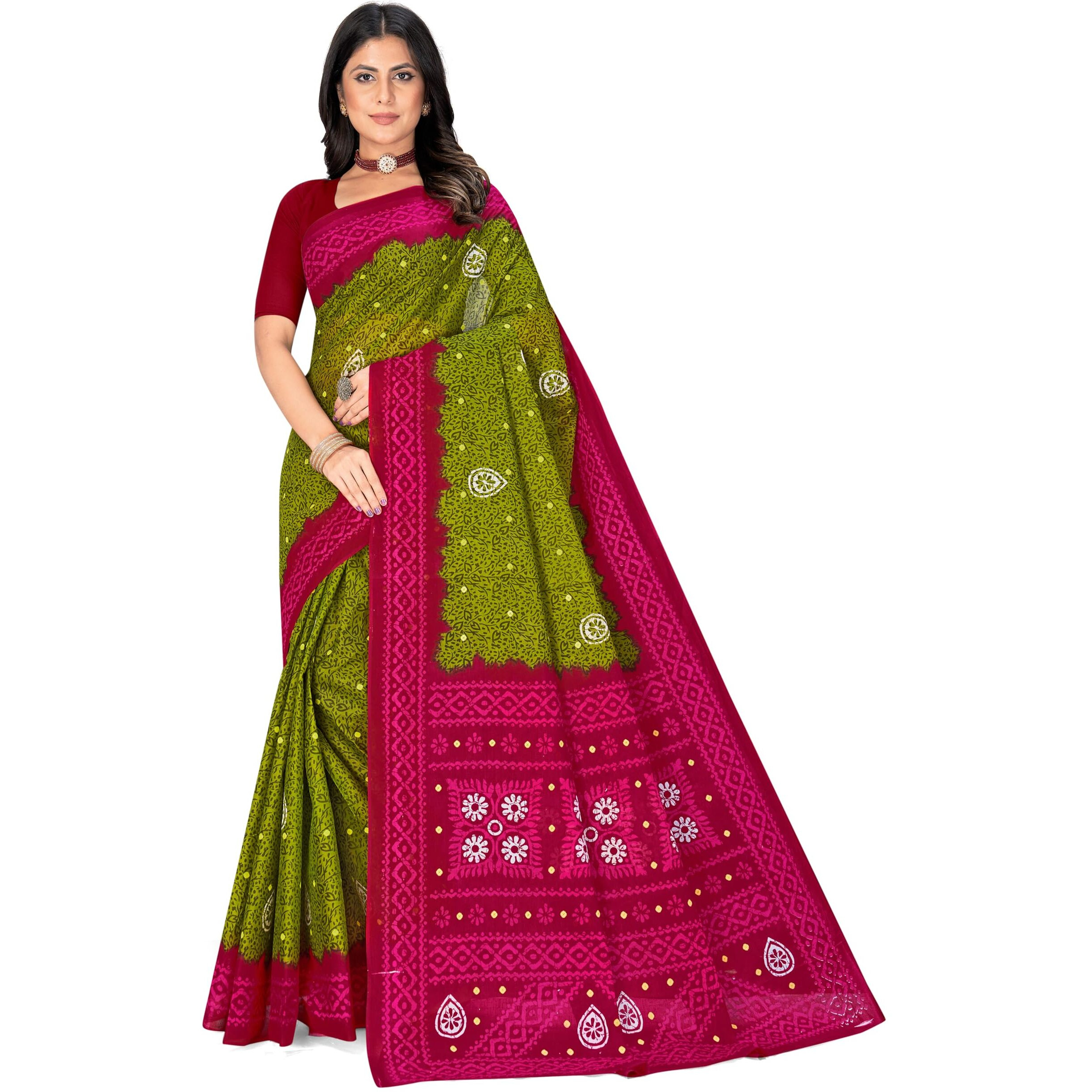 Tamaira Fashion Women's Floral Batik Printed Pure Cotton Mulmul Saree Without Blouse Piece(11514_Mehendi)