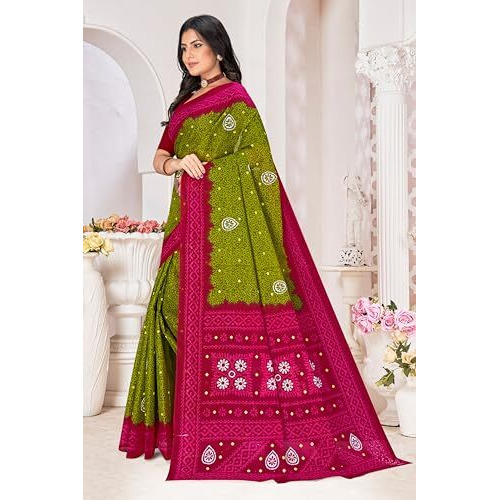 Tamaira Fashion Women's Floral Batik Printed Pure Cotton Mulmul Saree Without Blouse Piece(11514_Mehendi)