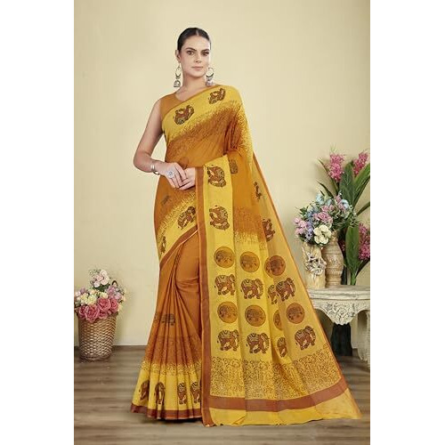 Tamaira Fashion Women's Hand Block Printed Pure Cotton Mulmul Saree Without Blouse Piece(Ab48_Mustard)