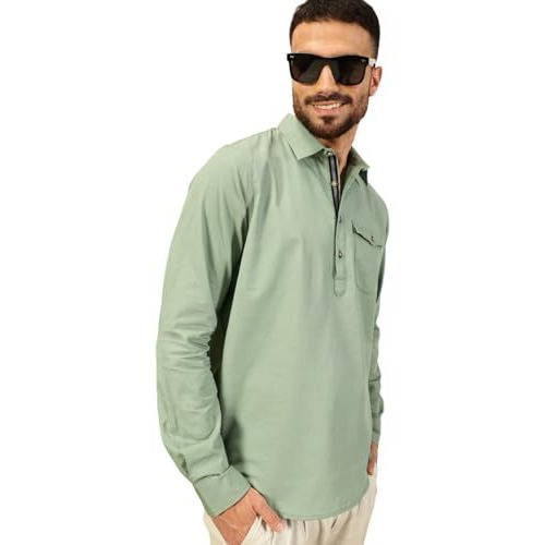 Thomas Scott Men Solid Cotton Linen Kurta Shirt (Ts1531_Green, L)