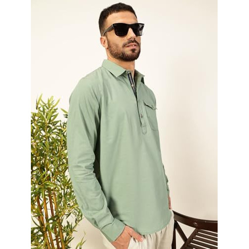Thomas Scott Men Solid Cotton Linen Kurta Shirt (Ts1531_Green, L)