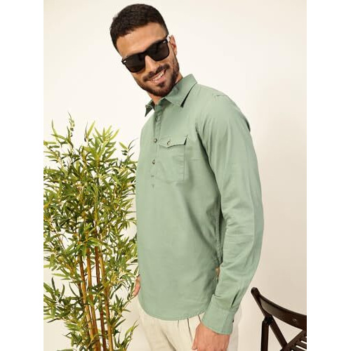 Thomas Scott Men Solid Cotton Linen Kurta Shirt (Ts1531_Green, L)