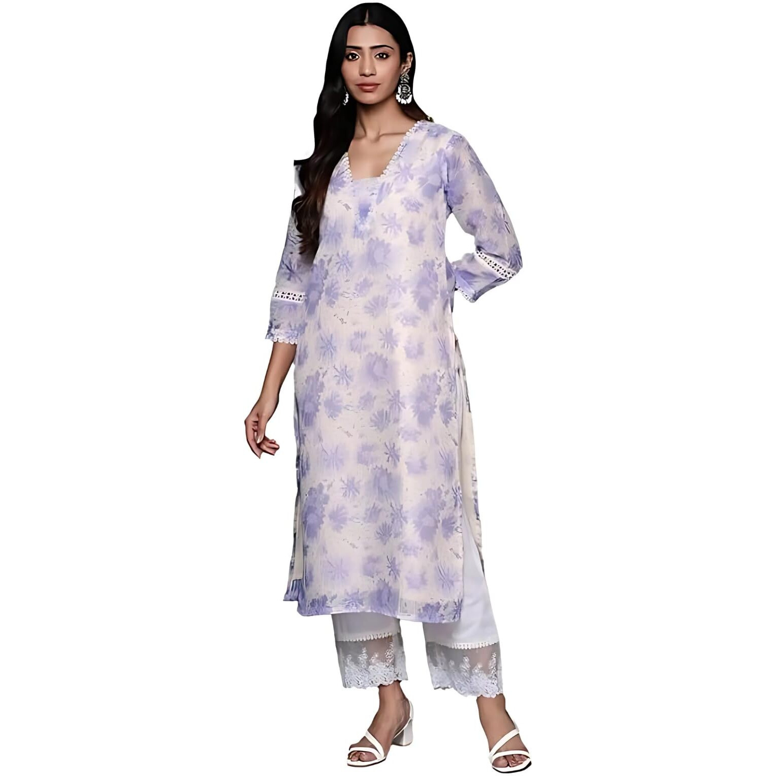 Varanga Women Lavender Floral Printed V-Neck Three Quarter Sleeve Straight Kurta  Stylish & Comfortable For Everyday Wear (Small)