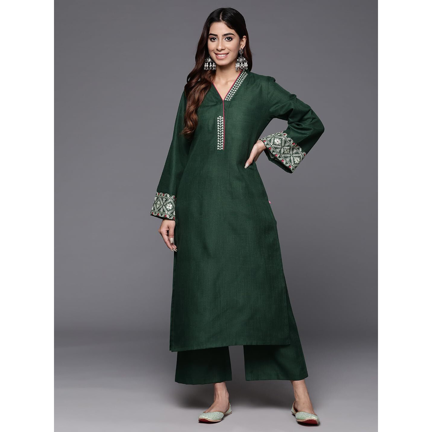Varanga Women Green Embroidered Kurta With Long & Flared Sleeves, Tonal Bottom, Intricate Embroidery For A Chic & Comfortable Look