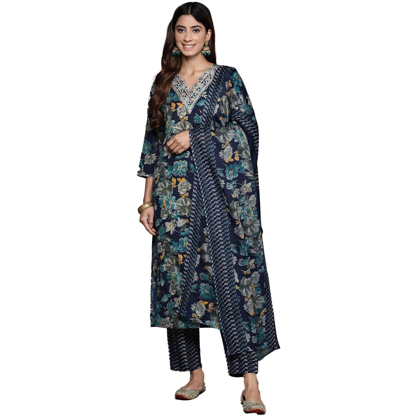 Varanga Women Blue Floral Print And Embroidered Kurta With Bottom And Dupatta
