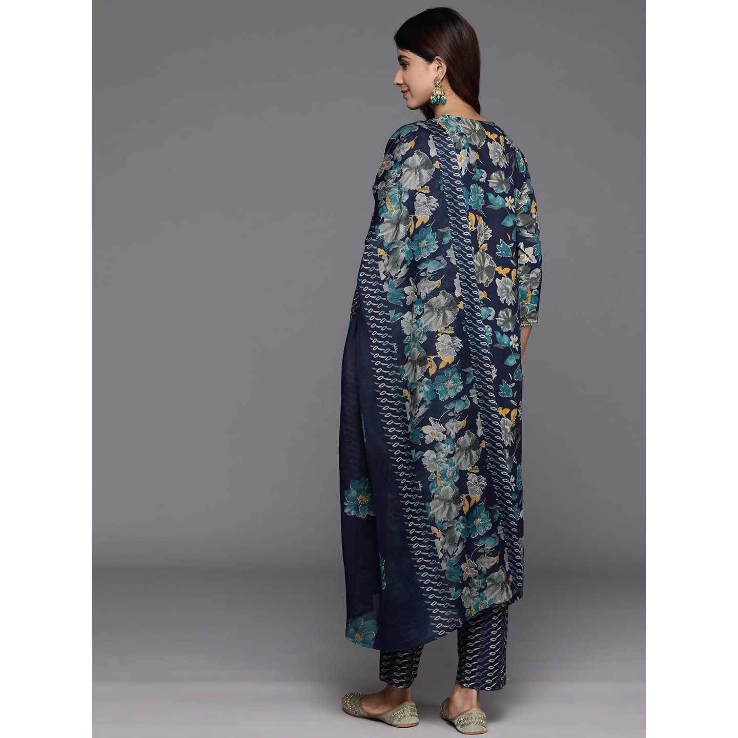 Varanga Women Blue Floral Print And Embroidered Kurta With Bottom And Dupatta