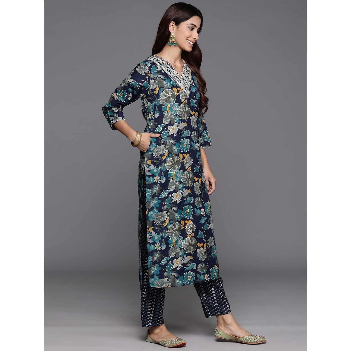 Varanga Women Blue Floral Print And Embroidered Kurta With Bottom And Dupatta