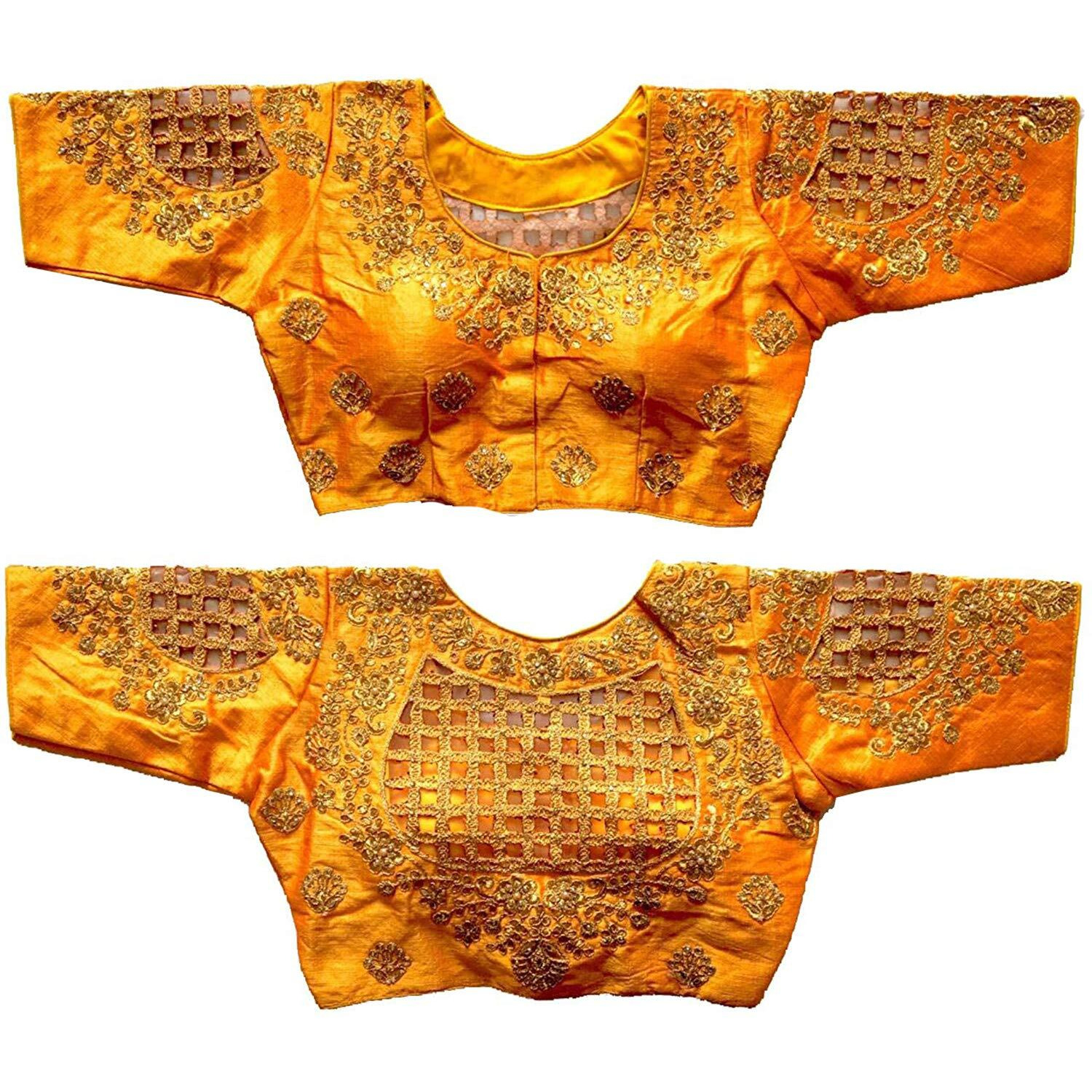 Vihu Fashion Women's Silk Floral Half Sleeve Blouse (Checks Mix_Yellow_38)