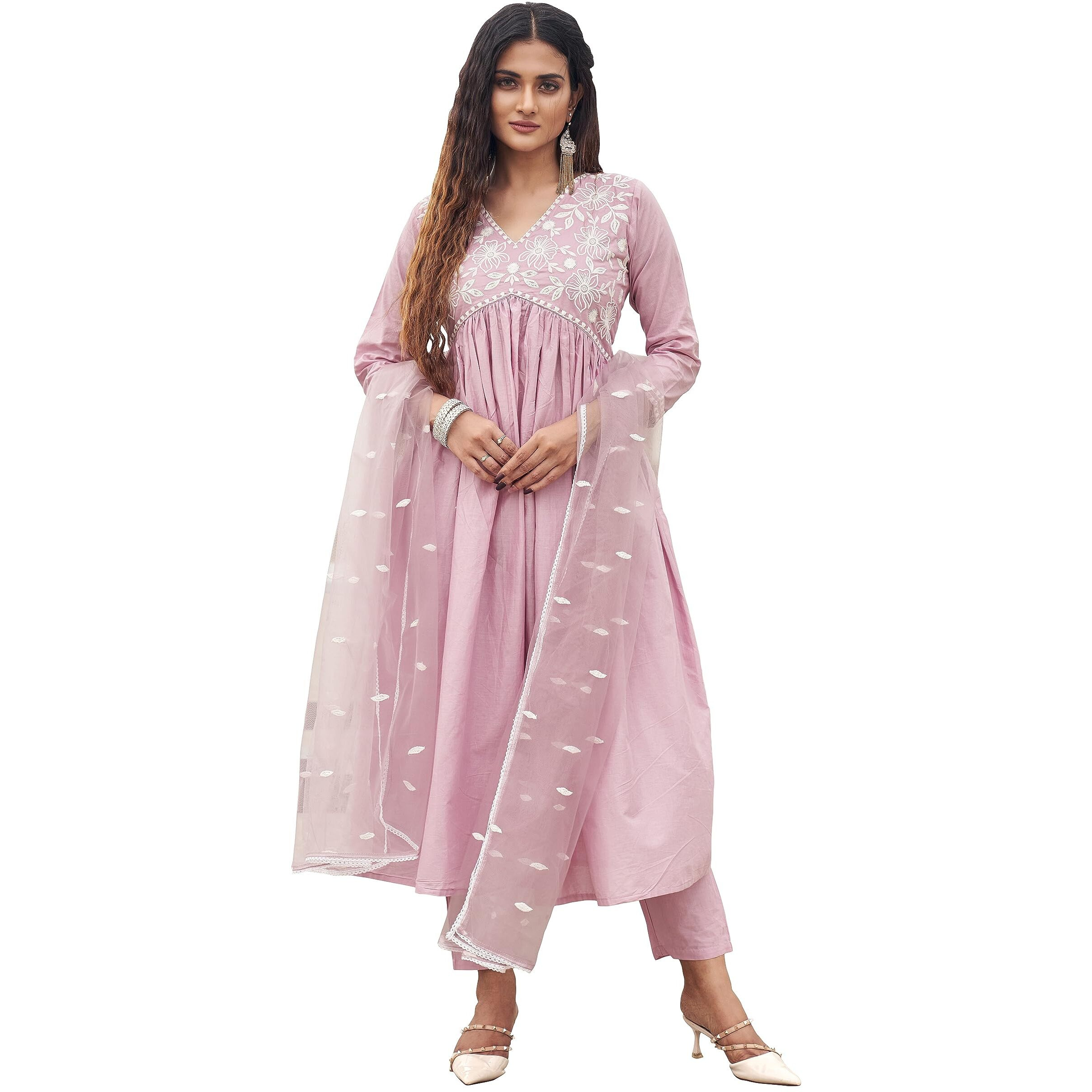 Womanista Women's Embroidered Empire Pure Cotton Kurta Trouser With Dupatta Set(Kurtaset_1157_L)