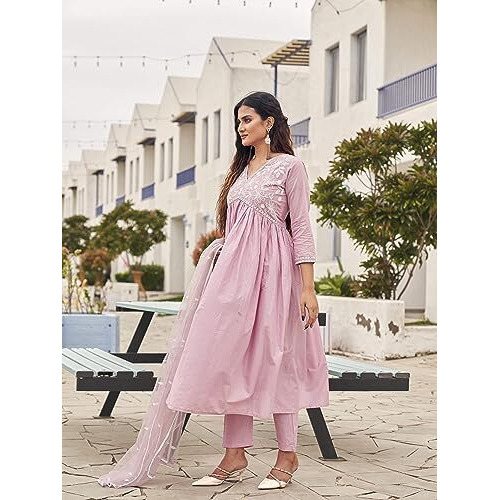 Womanista Women's Embroidered Empire Pure Cotton Kurta Trouser With Dupatta Set(Kurtaset_1157_L)