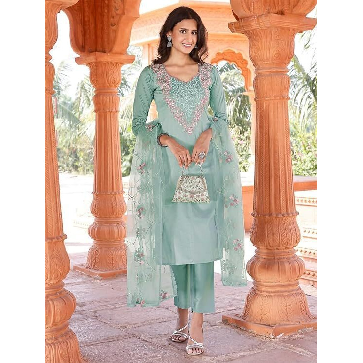 Womanista Women's Cotton Embroidered Kurta Set (Kurtaset_1135B_Sea Green