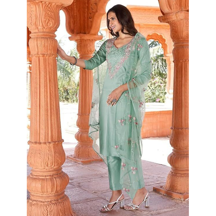Womanista Women's Cotton Embroidered Kurta Set (Kurtaset_1135B_Sea Green