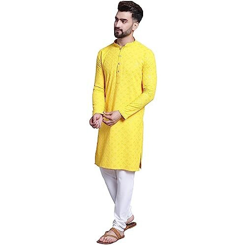 Sojanya (Since 1958 Men's Pure Cotton Yellow Emb 4Booti Sequence Kurta & White Pyjama Set