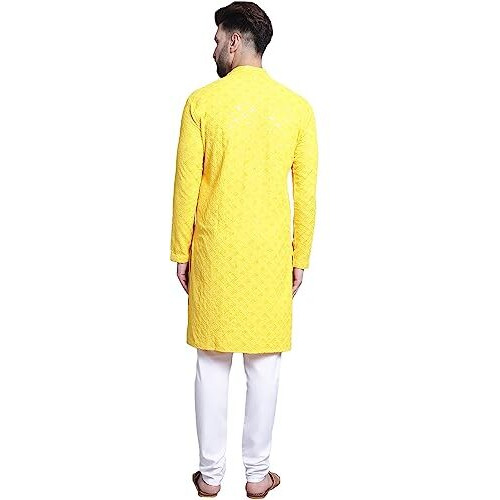 Sojanya (Since 1958 Men's Pure Cotton Yellow Emb 4Booti Sequence Kurta & White Pyjama Set