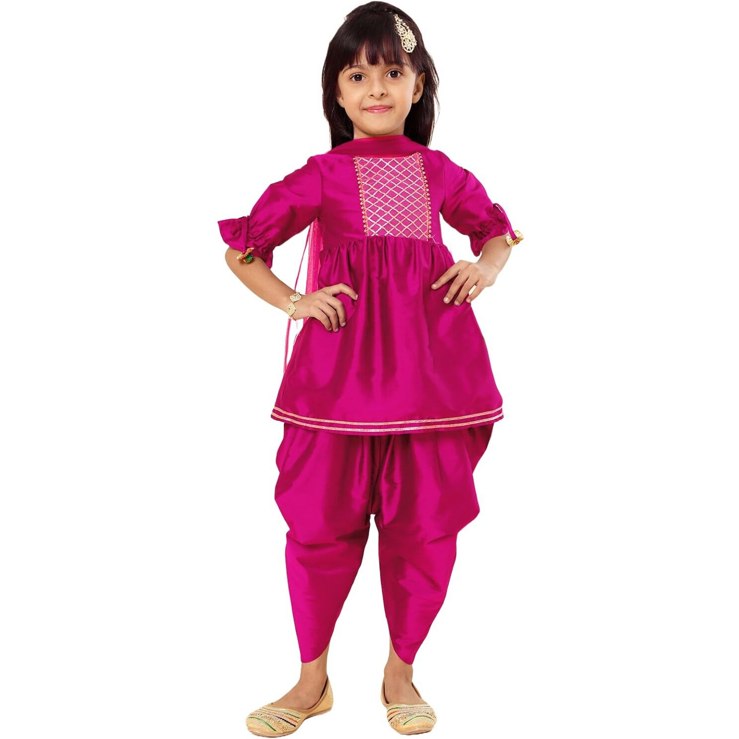 A.T.U.N. (All Things Uber Nice) Girls Pleated Gotta Patti Kurti With Dhoti Pants & Dupatta