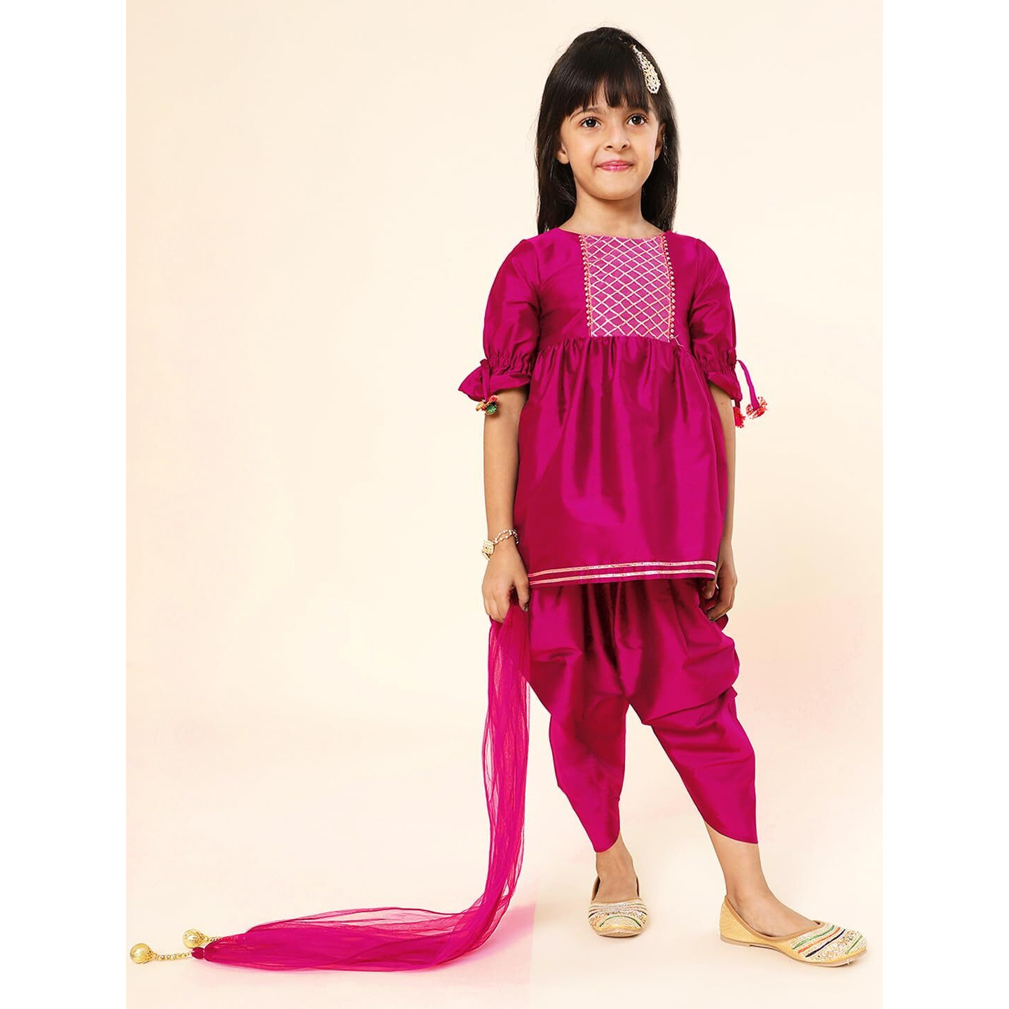 A.T.U.N. (All Things Uber Nice) Girls Pleated Gotta Patti Kurti With Dhoti Pants & Dupatta