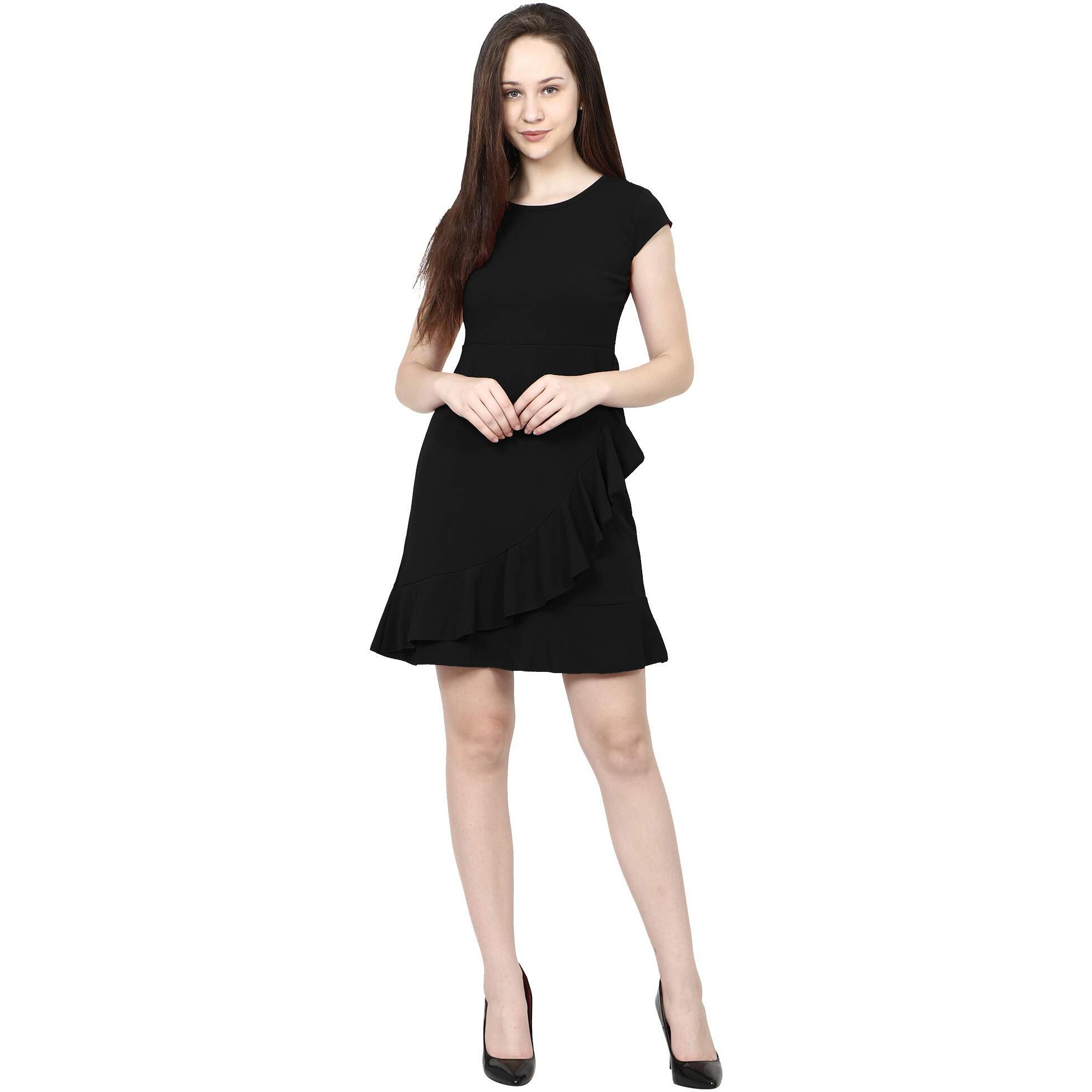Addyvero Round Neck Short Sleeve Cotton Blend Solid Fit And Flare Midi Women Dress (Black, Xl)