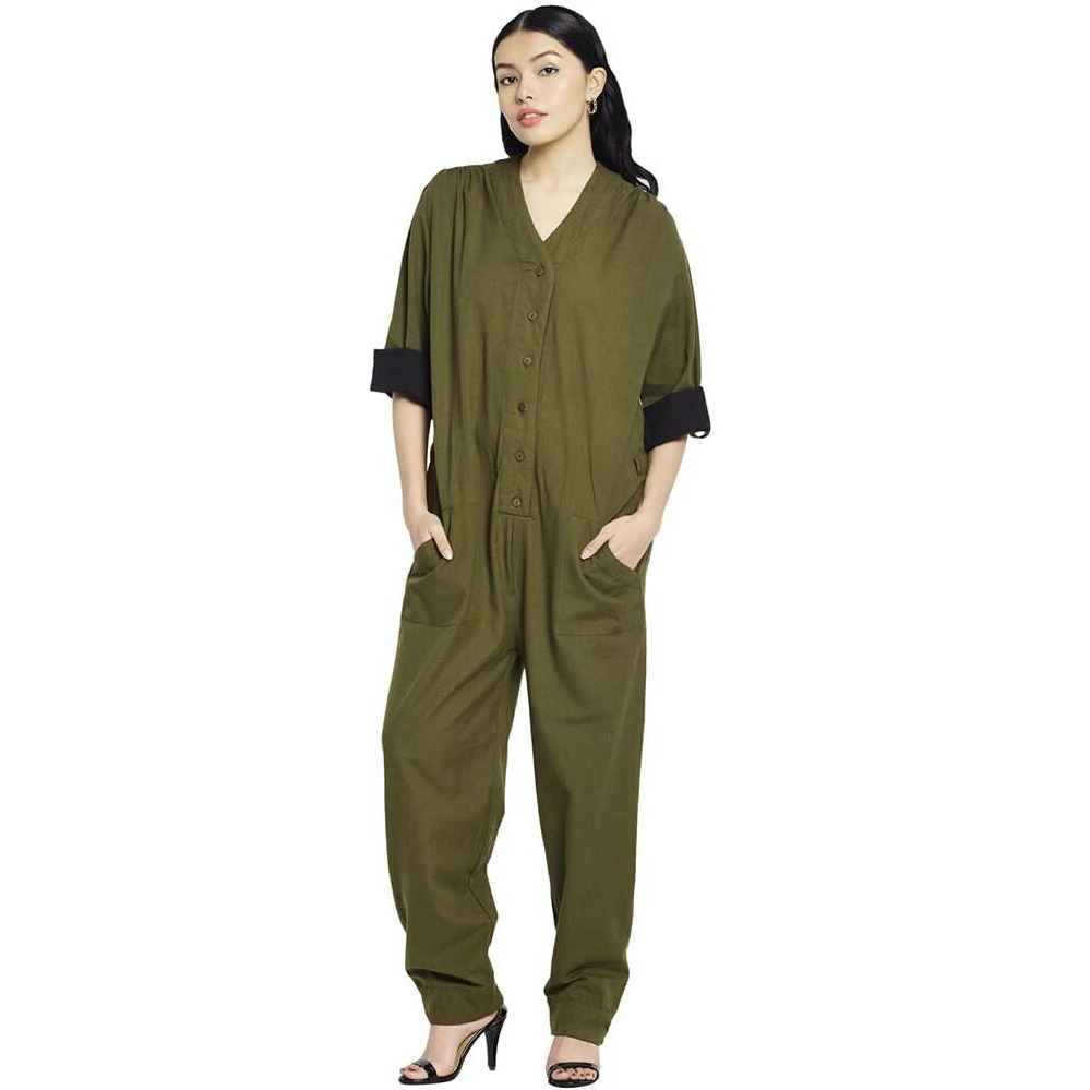 Fabindia Women's Cotton Blend Modern Maxi Casual Dress (200005302_Olive