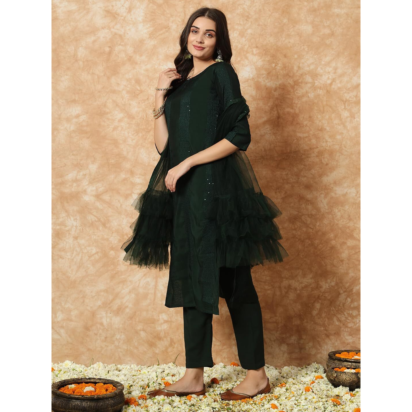 Fashion Basket Georgette Red Kurta Set With Dupatta For Women (In, Alpha, M, Regular, Green)