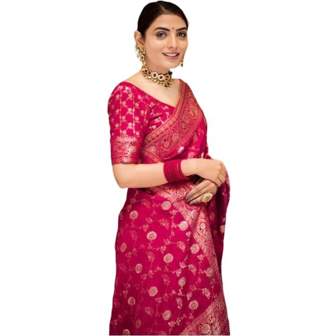 Flosive Women's Soft Kangivaram Silk Saree With Copper Zari Weaving With Boluse (Rani Pink)