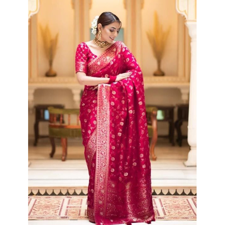 Flosive Women's Soft Kangivaram Silk Saree With Copper Zari Weaving With Boluse (Rani Pink)