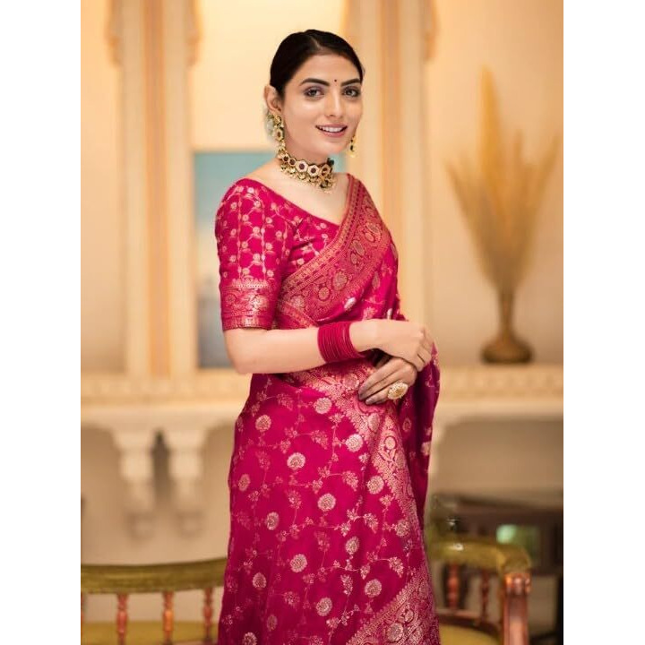 Flosive Women's Soft Kangivaram Silk Saree With Copper Zari Weaving With Boluse (Rani Pink)