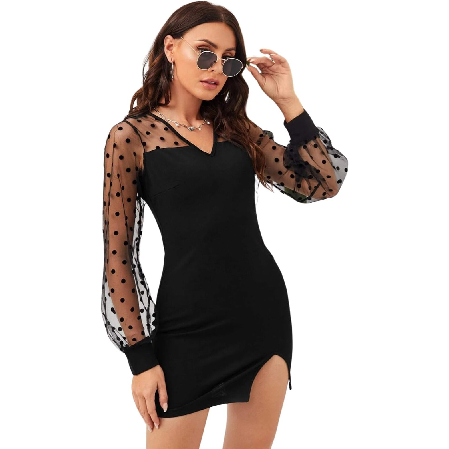 Greciilooks Dresses For Women || Lycra Plain Short Dress || Bodycon Dress || Polka Dot Long Net Puff Sleeves || Pencil Dress For Girls || Date || Outing Wear || Gift For Women (Small, Black)
