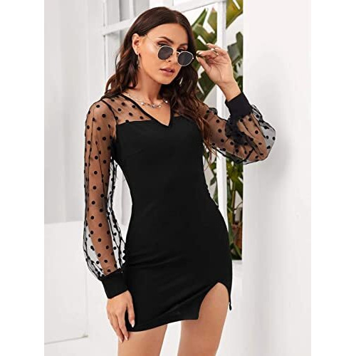Greciilooks Dresses For Women || Lycra Plain Short Dress || Bodycon Dress || Polka Dot Long Net Puff Sleeves || Pencil Dress For Girls || Date || Outing Wear || Gift For Women (Small, Black)