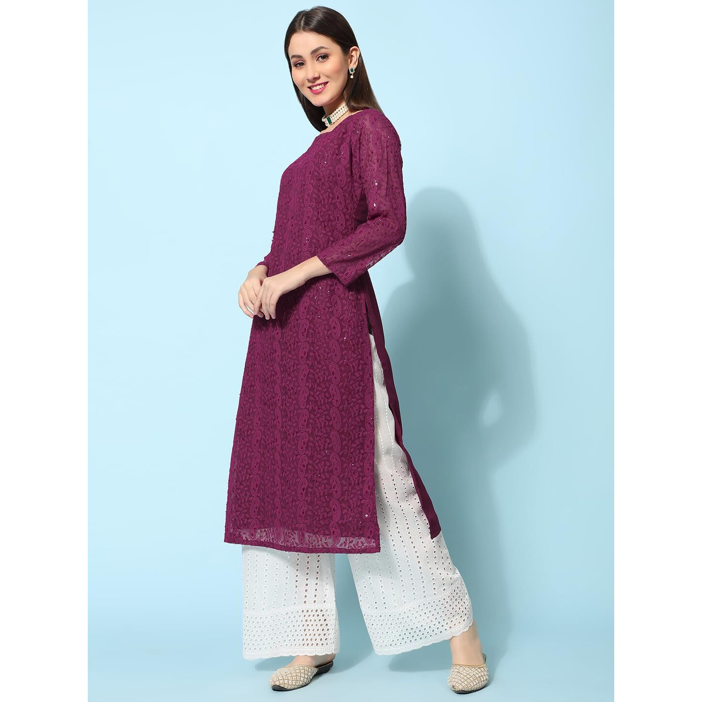 Gufrina Women's 3/4 Sleeve Lakhnavi Embroidery Work Kurta With Chikankari Palazzo Set - Elegant Ethnic Wear (Wine L)