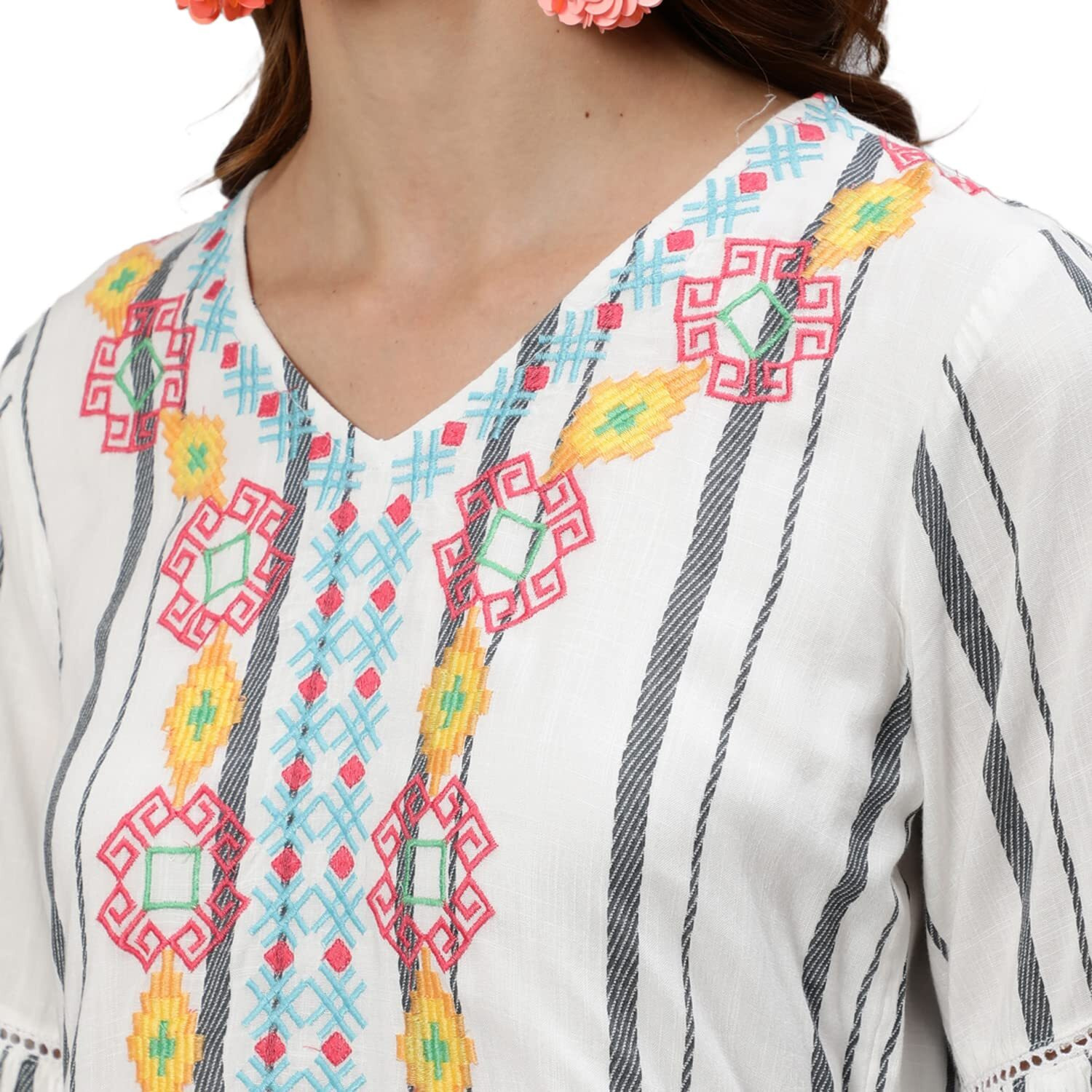 Ishin Women's Rayon White Embroidered A-Line Dress