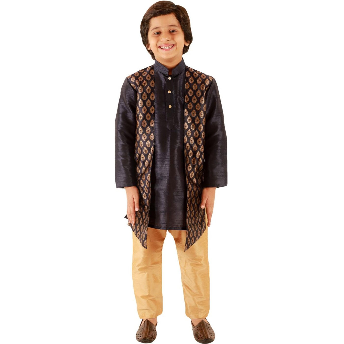 Jbn Creation Boys Navy Blue Silk Blend Foil Printed Layered Kurta And Rose Gold Pyjama Set (B998)