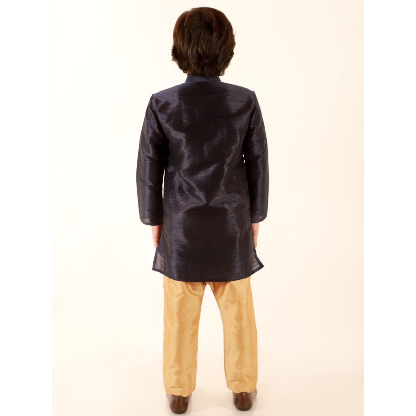 Jbn Creation Boys Navy Blue Silk Blend Foil Printed Layered Kurta And Rose Gold Pyjama Set (B998)
