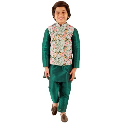 Jbn Creation Boys Silk Blend Green Dupian Silk Kurta, Pyjama And Floral Printed Nehru Jacket Set (B694)