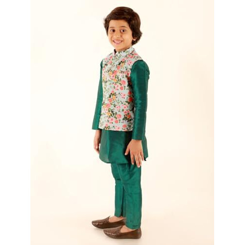 Jbn Creation Boys Silk Blend Green Dupian Silk Kurta, Pyjama And Floral Printed Nehru Jacket Set (B694)