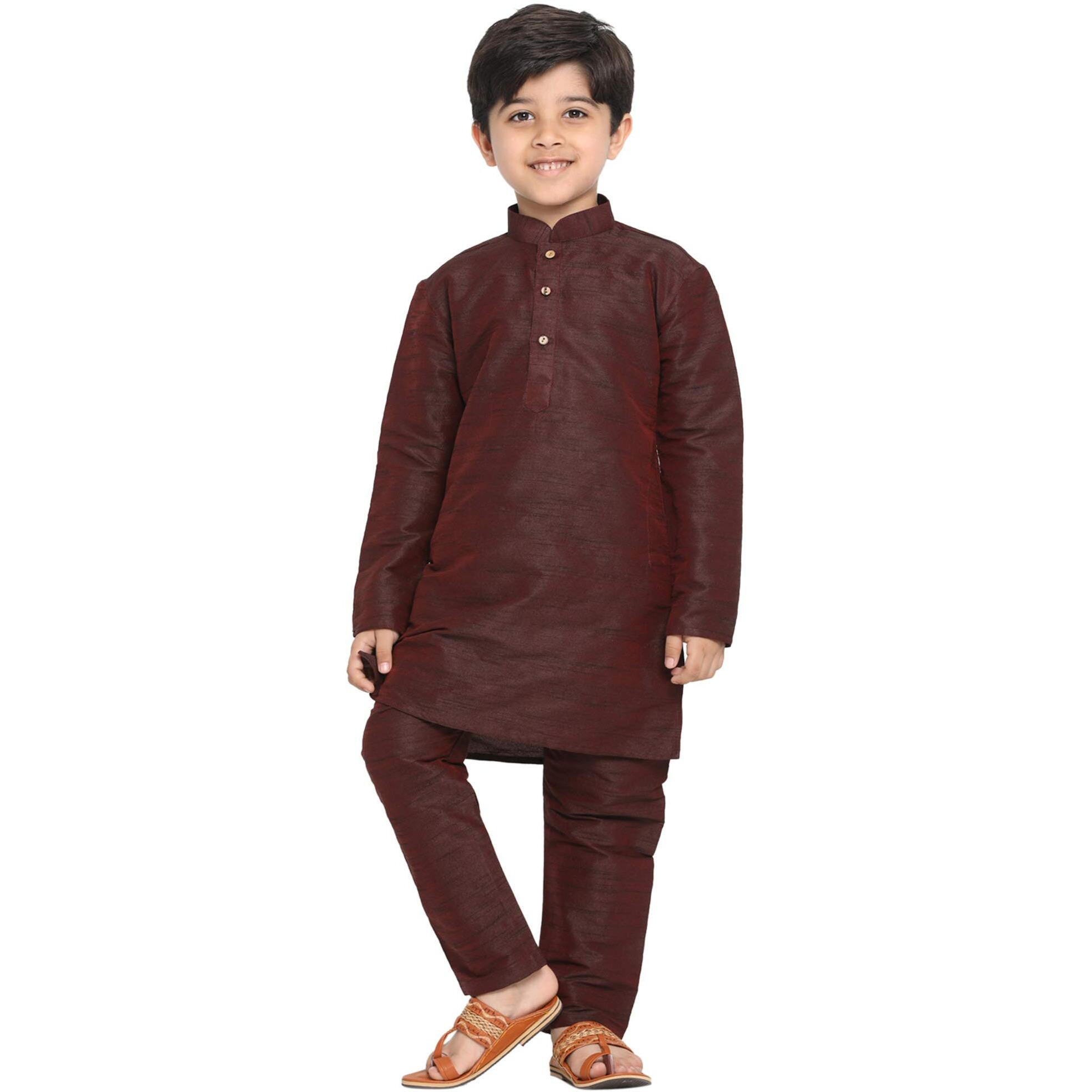 Jbn Creation Boys' Wine Cotton Silk Blend Kurta And Pyjama Set