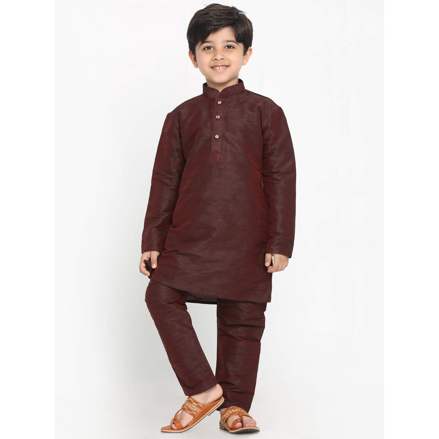 Jbn Creation Boys' Wine Cotton Silk Blend Kurta And Pyjama Set