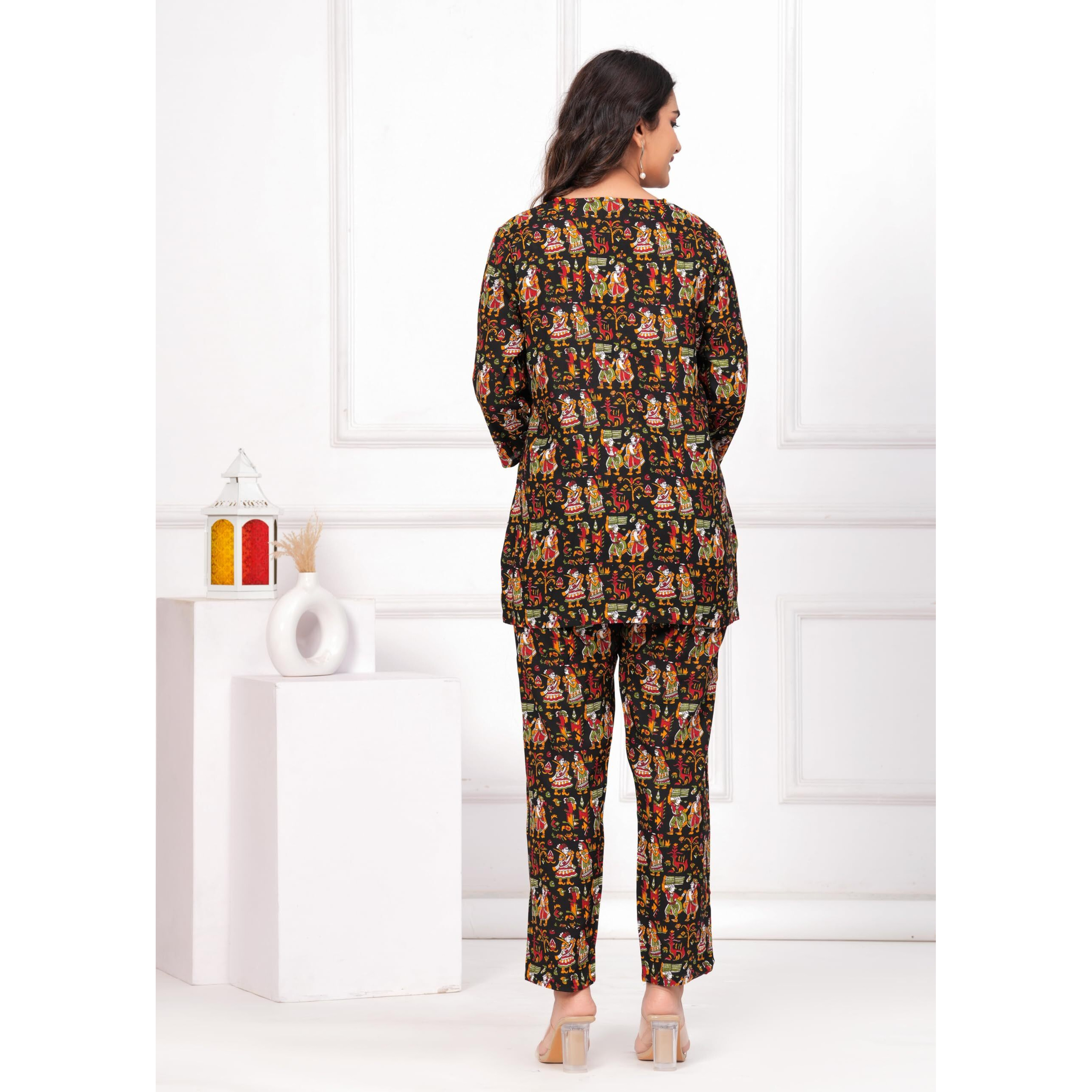 Jikonet Women Cotton Printed Co-Ord Set Kurta Set With Pant Set (Black, Large)