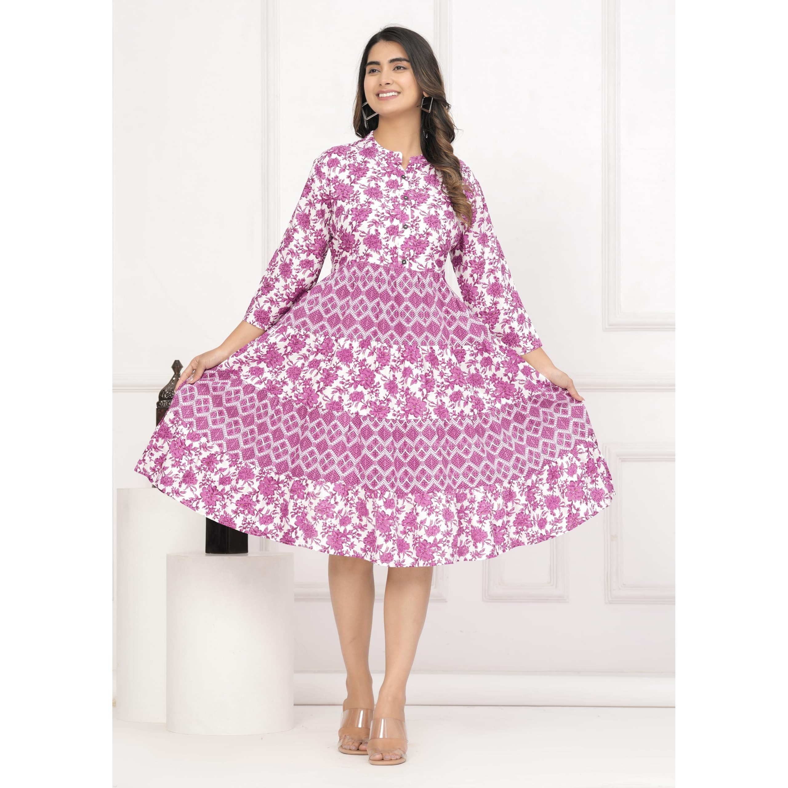 Jikonet Women's Cotton Western Dress For Women|Midi Dresses|Knee Length Casual Dress|A Line Dress (Large, Fandango), Pink