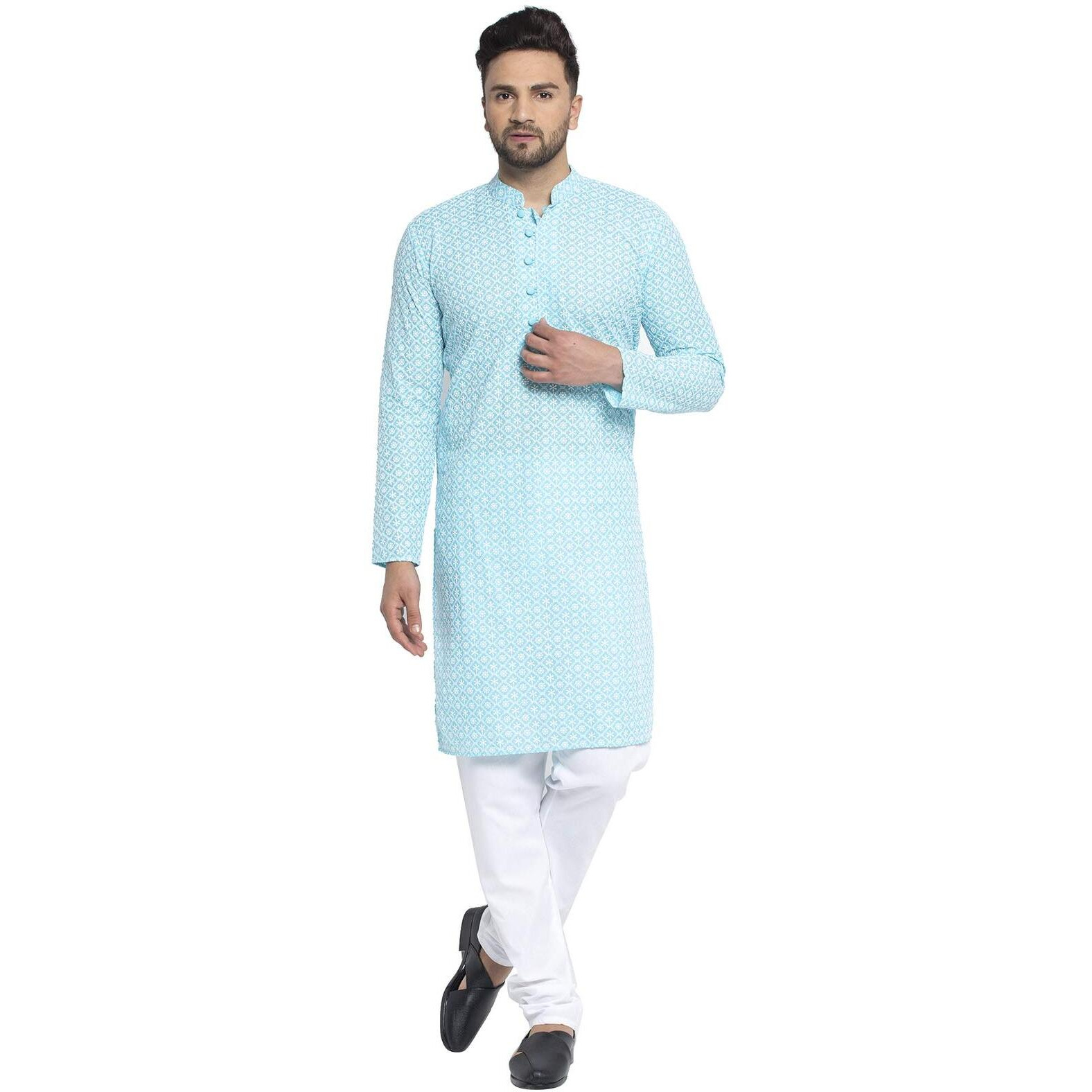Jompers Men's Embroidered Pure Cotton Kurta Pyjama Set. (Sky,M)