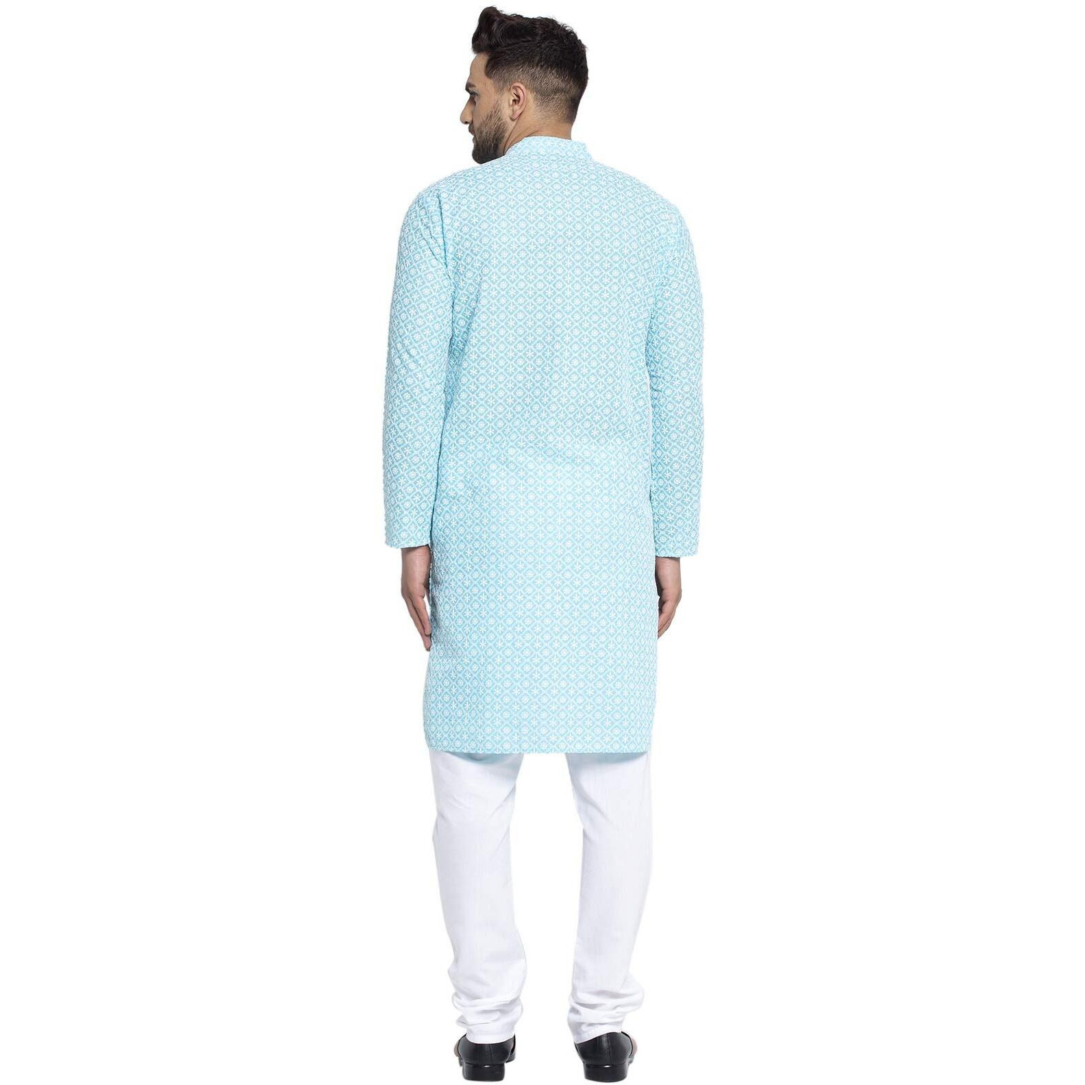 Jompers Men's Embroidered Pure Cotton Kurta Pyjama Set. (Sky,M)