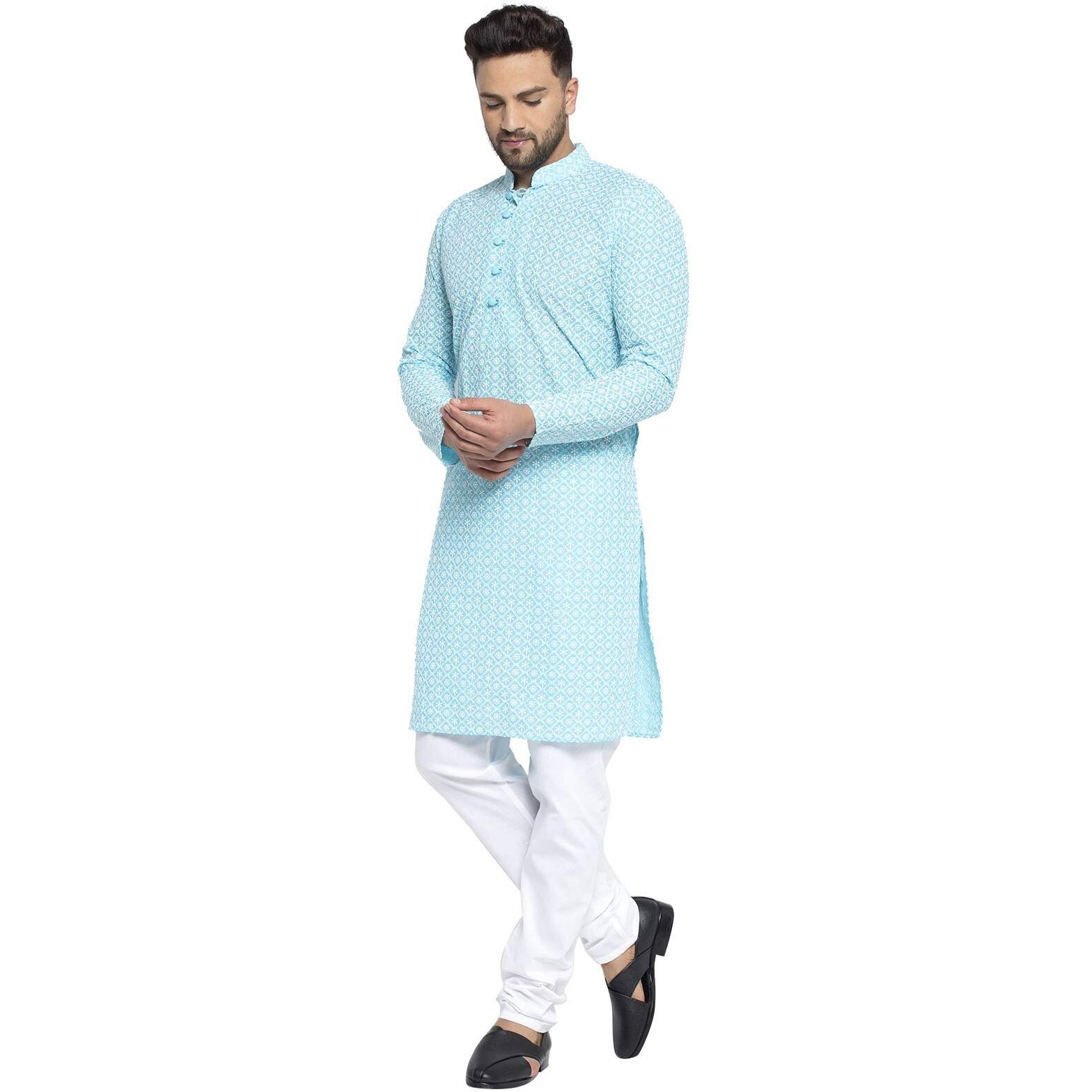 Jompers Men's Embroidered Pure Cotton Kurta Pyjama Set. (Sky,M)